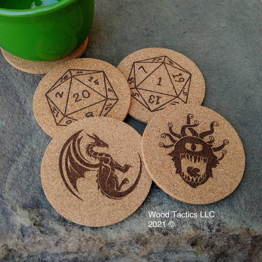 Dungeons and Dragons 4 inch Round Cork Coasters with D20 Front and Back, Dragon, Eye Beast.