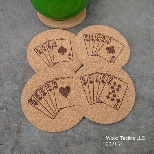 PC Game 4 inch Round Cork Coasters with Poker Hands, Royal Flush, 4 Aces, Full House and Straight Flush.