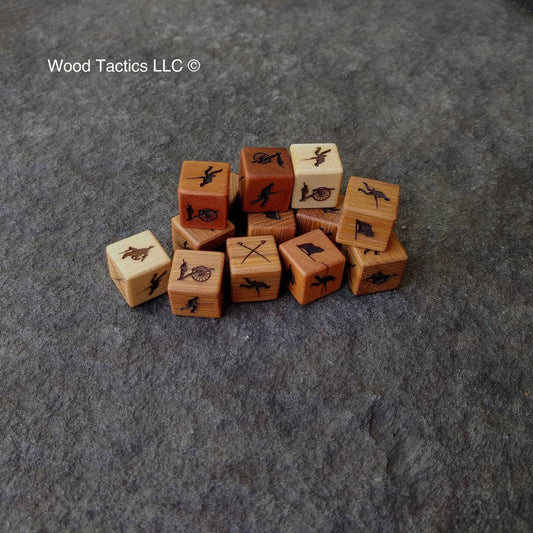 Battlecry board game Various Hardwood D6 Dice with Cannon, Flag, Soldier, Crossed Sabres and Cavalry Symbols