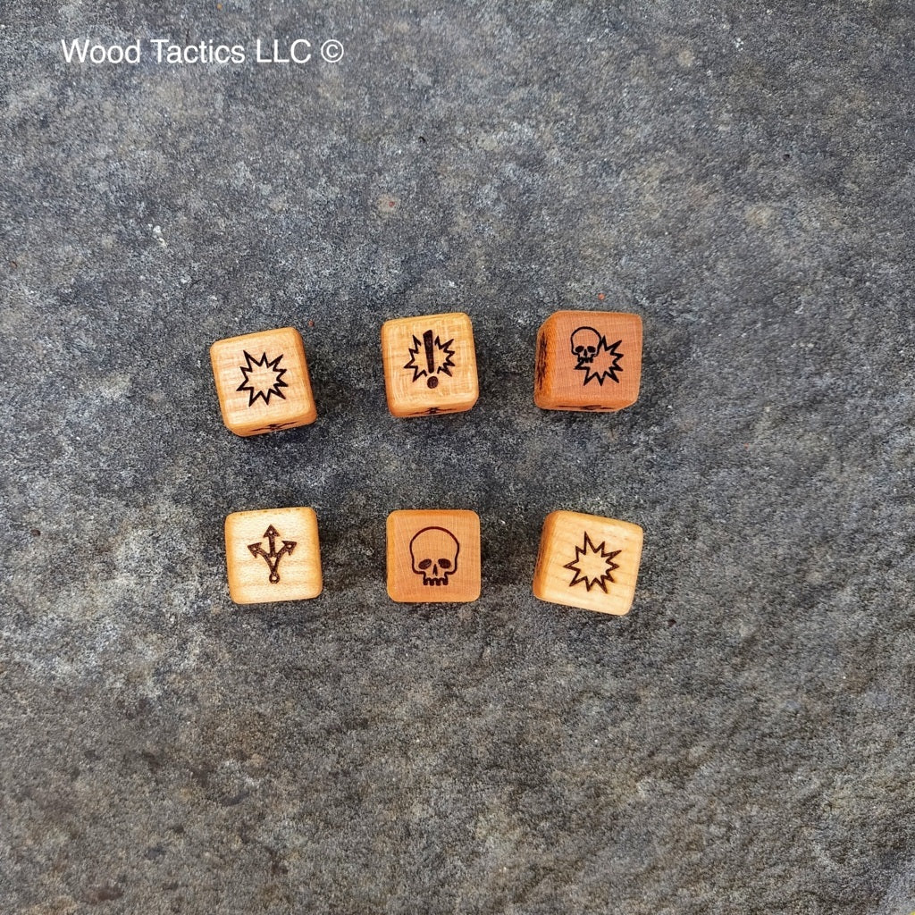 Cherry hardwood Blood Bowl Block dice Skull, Both Down, Push, Defender Stumbles and Attacker Down Symbols