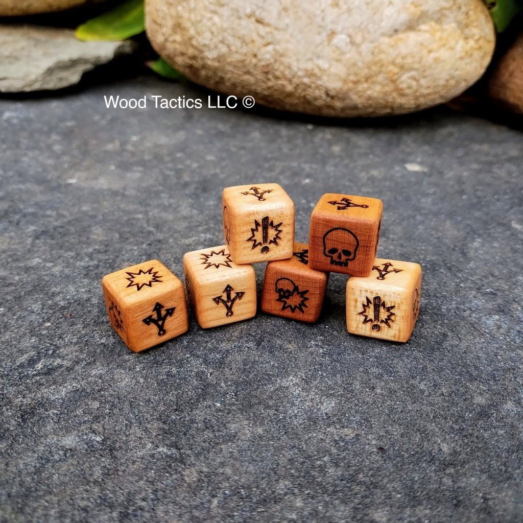 Cherry and Maple hardwood Blood Bowl Block dice Skull, Both Down, Push, Defender Stumbles and Attacker Down Symbols