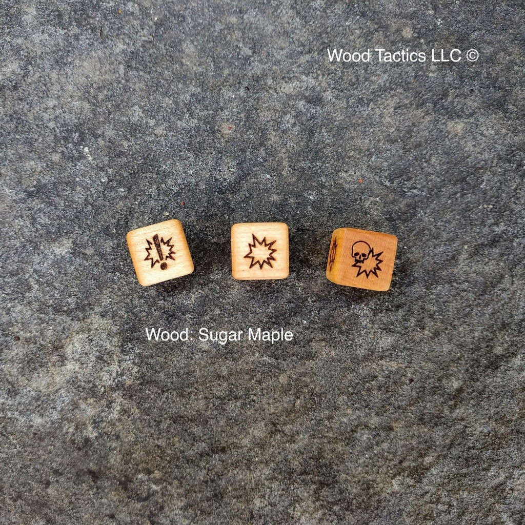 Maple hardwood Blood Bowl Block dice Skull, Both Down, Push, Defender Stumbles and Attacker Down Symbols