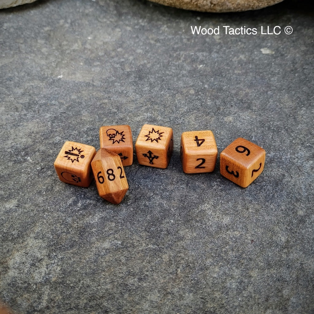 Cherry hardwood Blood Bowl Block dice set with Skull, Both Down, Push, Defender Stumbles and Attacker Down Symbols. Include one D8, two D6 and 3 Block Dice.