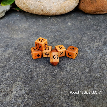 Cherry hardwood Blood Bowl Block dice set with Skull, Both Down, Push, Defender Stumbles and Attacker Down Symbols. Include one D8, two D6 and 3 Block Dice.