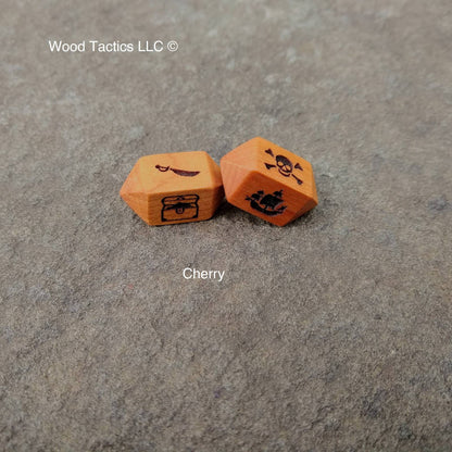 Cherry Hardwood Barrel D4 dice for bluffaneer game. Symbols are Pirate Ship, Skull and Pones, Treasure Chest and Sword.