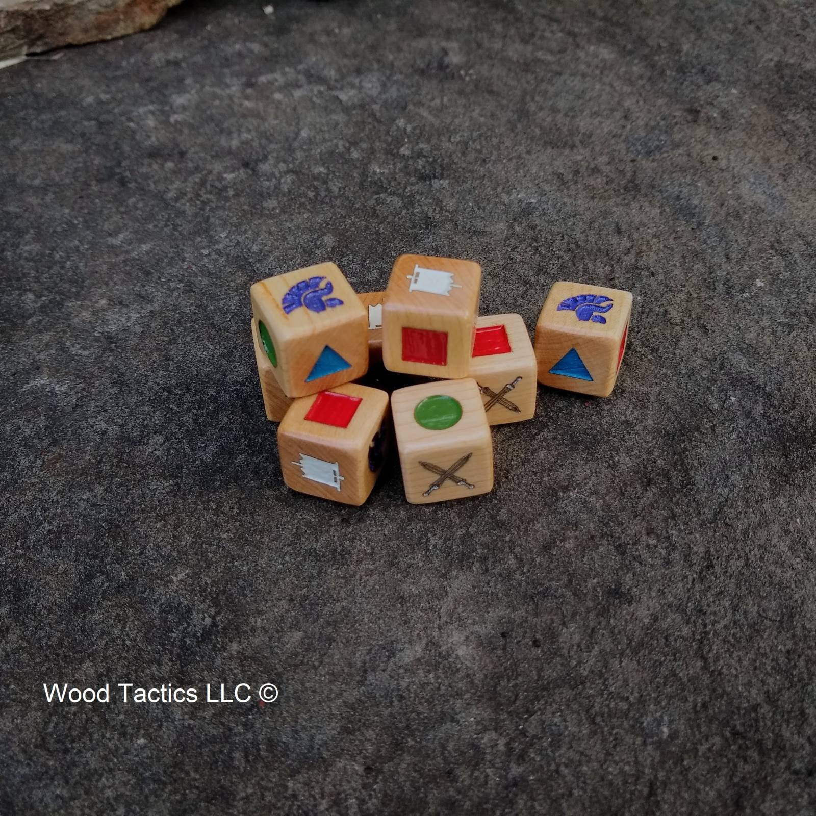 Command and Colors:Ancients Maple with ink wood dice Spartan Helm, Roman Standard,Circle,Square,Triangle and Gladius Symbols