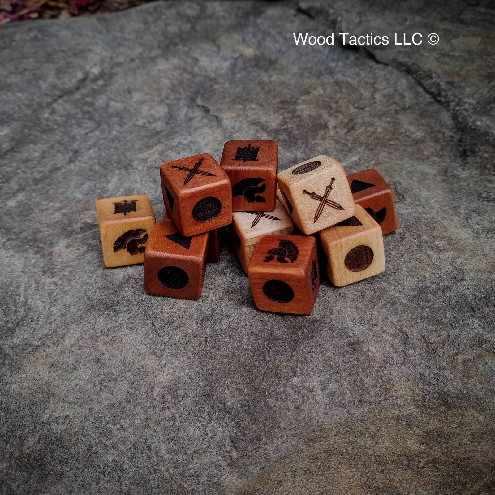 Command and Colors: Ancients various hardwood dice Spartan Helm, Roman Standard, Circle, Square, Triangle and Gladius Symbols