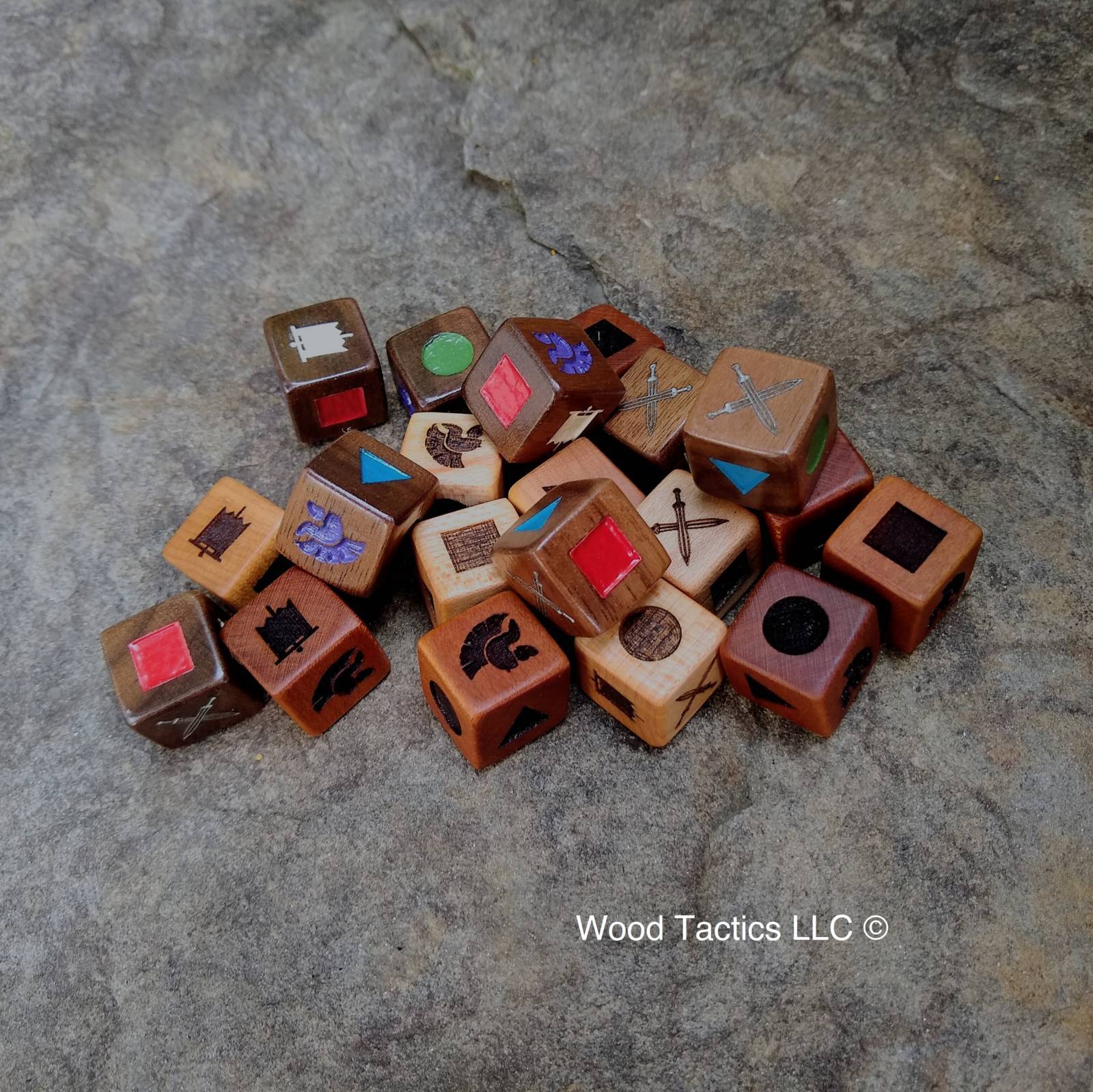 Command and Colors: Ancients various hardwood dice Spartan Helm, Roman Standard, Circle, Square, Triangle and Gladius Symbols