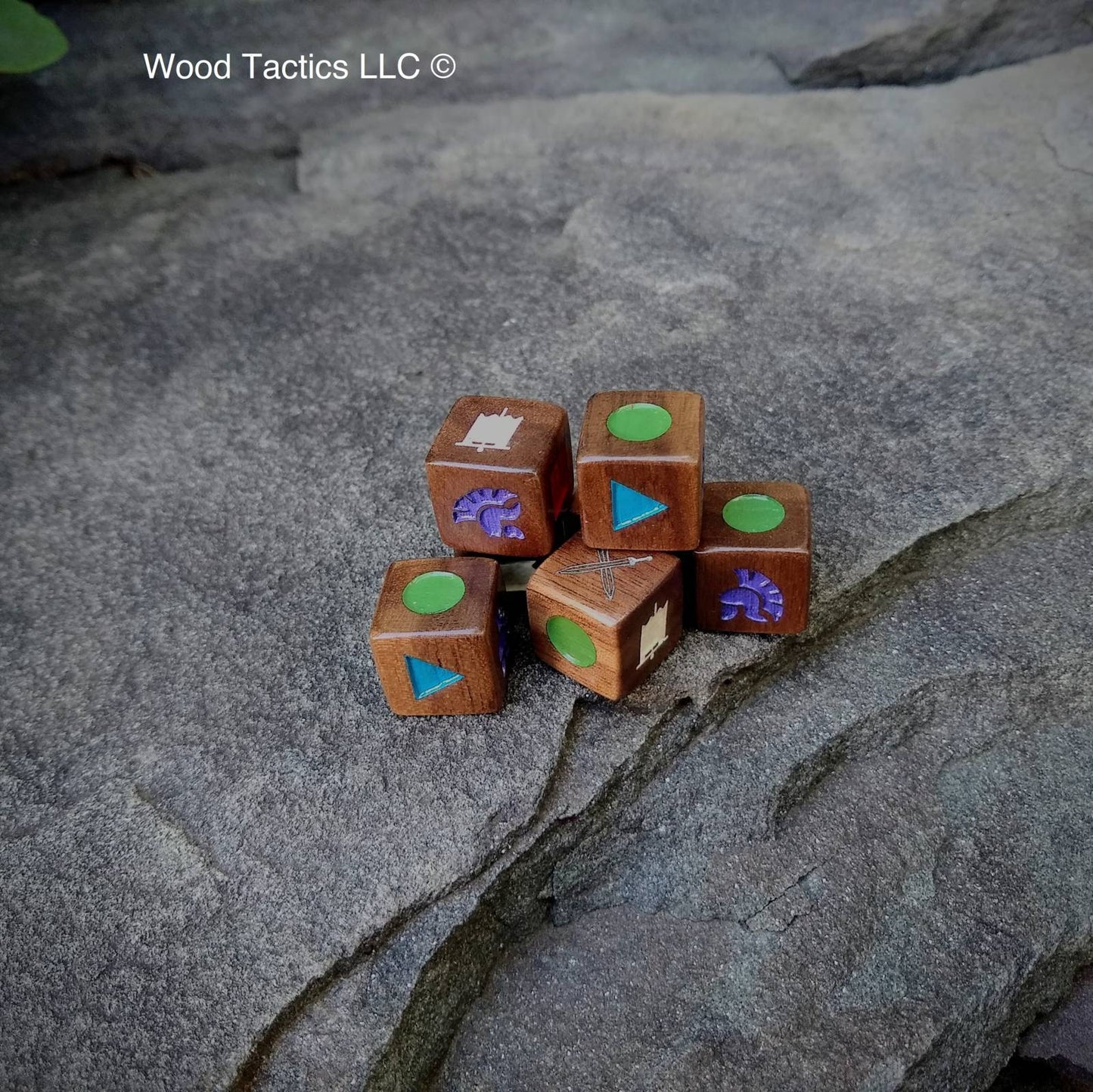 Command and Colors:Ancients Walnut with ink wood dice Spartan Helm, Roman Standard,Circle,Square,Triangle and Gladius Symbols