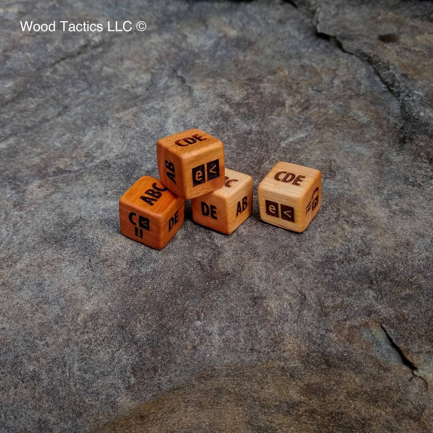 CDG Solo System Various Hardwood D6 Dice with CDE, AB, ABC, DE, E< and C<!! Symbols