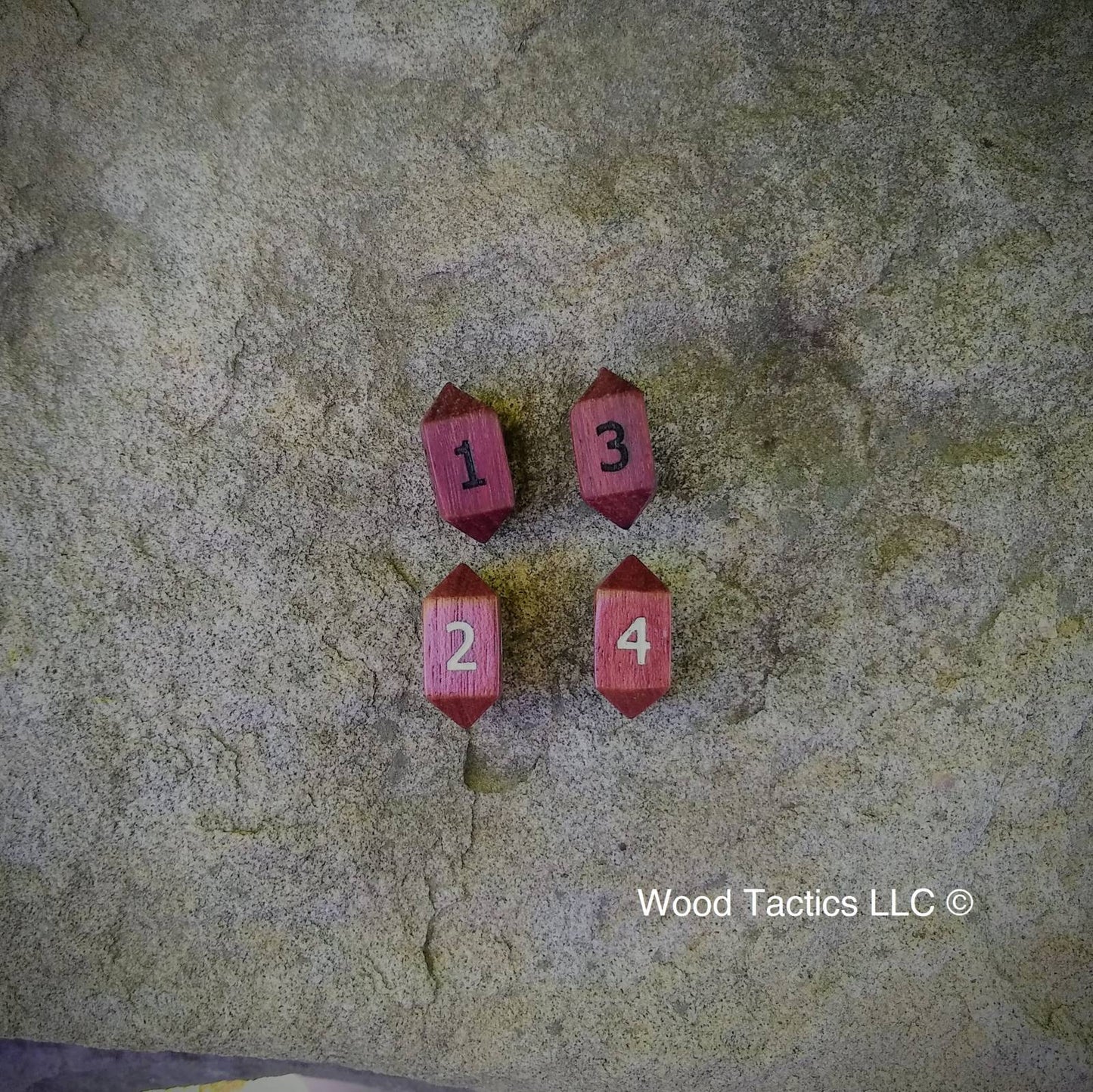 Purple Heart Hardwood Barrell D4 Dice with Numbers Symbols.  With and without Ink.