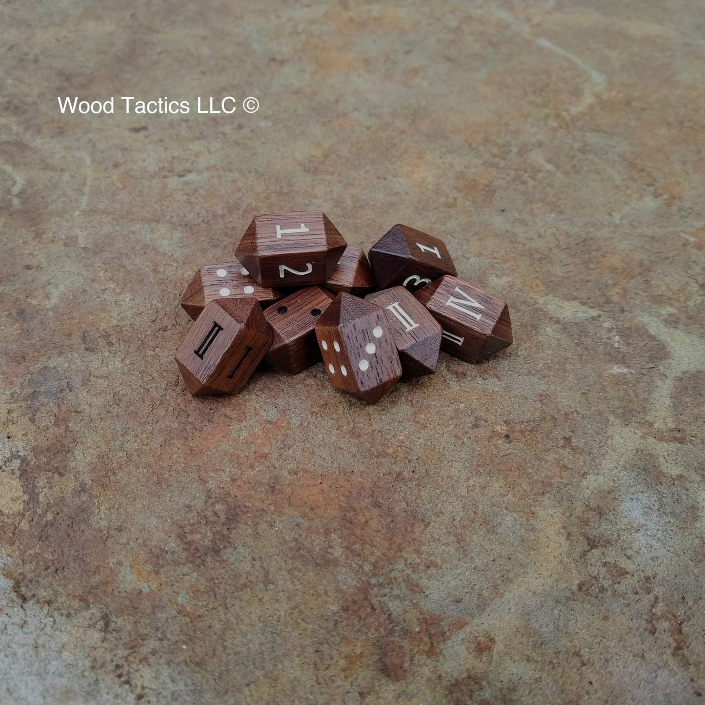 Walnut Hardwood Barrell D4 Dice with Pips, Numbers and Roman Numerals Symbols. 