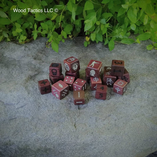 Purple Hardwood D6 Dice with various designs and with white ink.