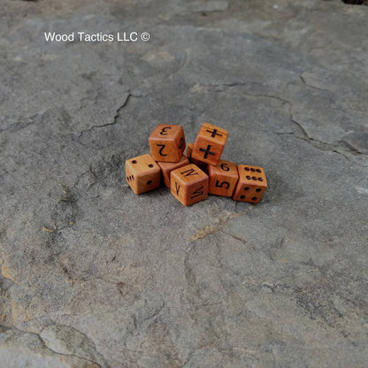 Cherry Hardwood D6 12mm Dice with Pips, Numbers, Roman Numerals and Fate Symbols.