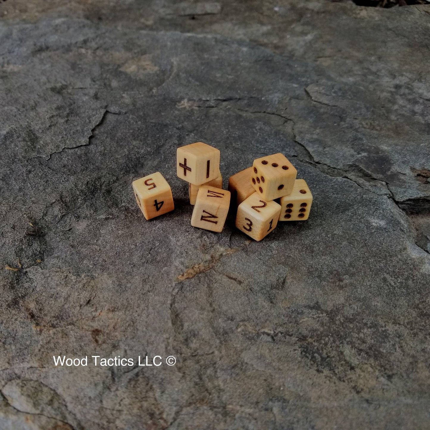 Sugar Maple Hardwood D6 12mm in size Dice with Pips, Numbers, Roman Numerals and Fate Symbols.