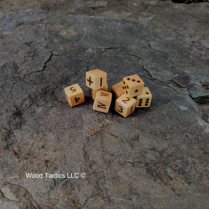 Sugar Maple Hardwood D6 12mm in size Dice with Pips, Numbers, Roman Numerals and Fate Symbols.