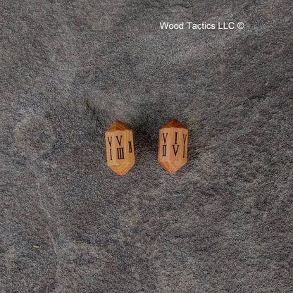 Hickory Hardwood Barrell D8 Dice with Roman Numeral Symbols. 