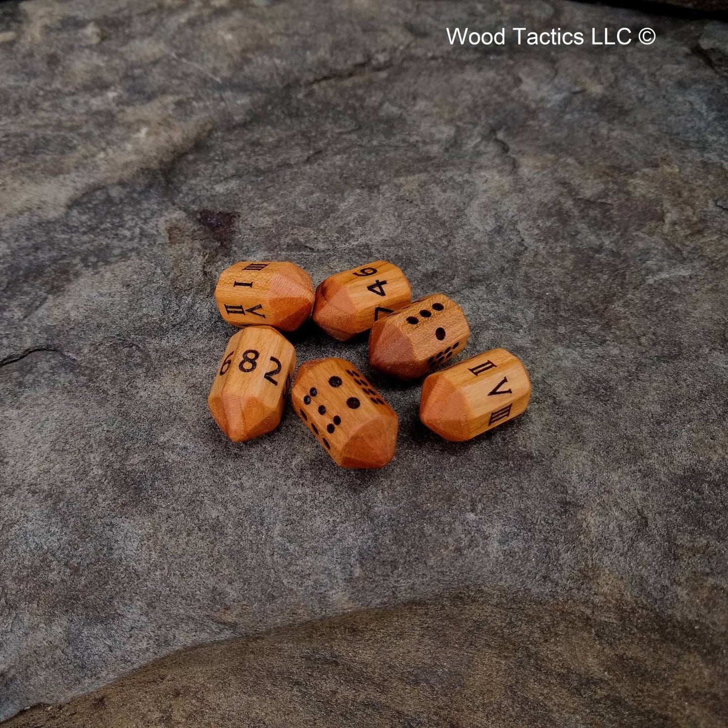 Cherry Hardwood Barrell D8 Dice with Pips, Numbers and Roman Numerals Symbols. 