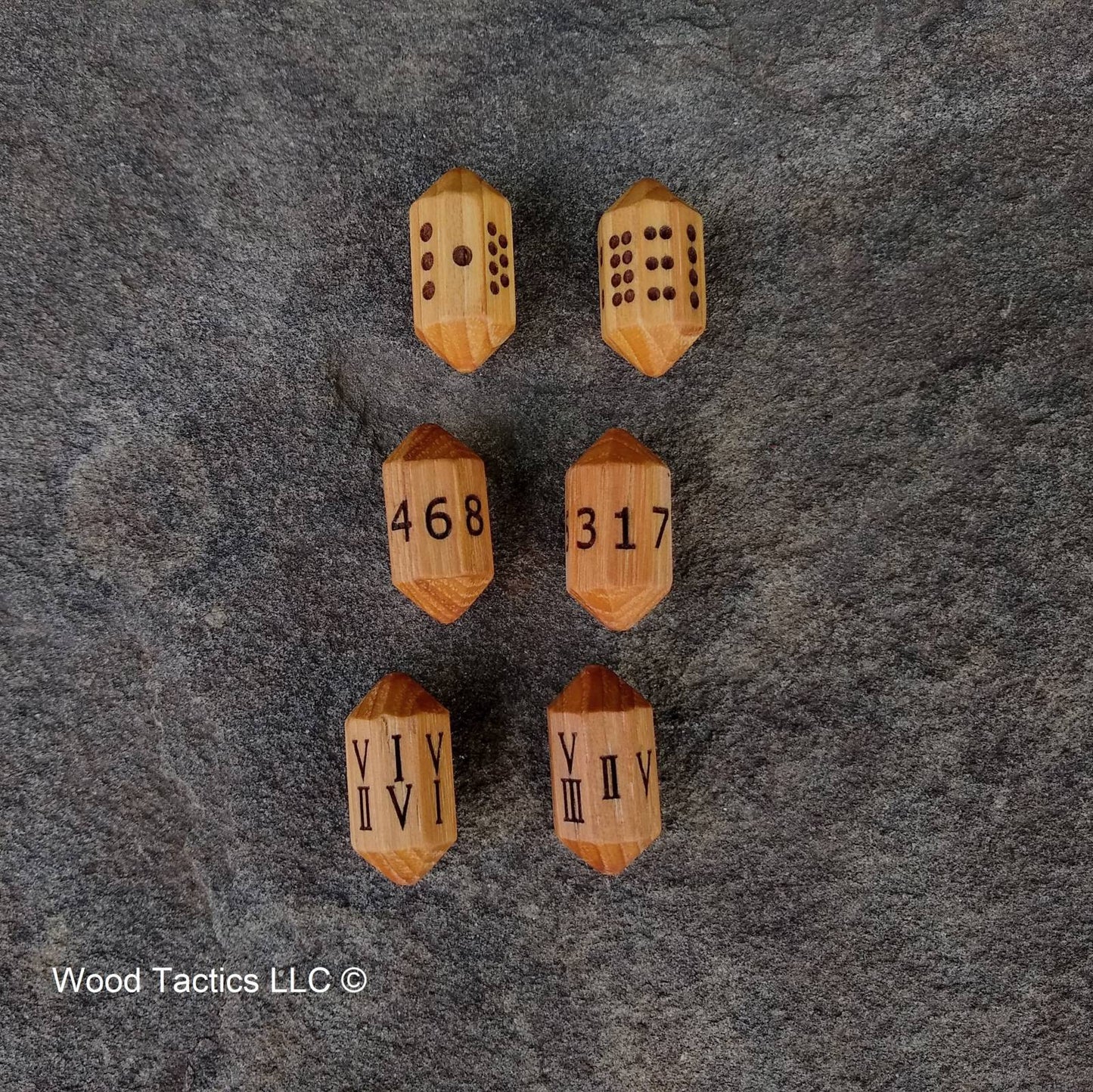 Hickory Hardwood Barrell D8 Dice with Pips, Numbers and Roman Numerals Symbols. 