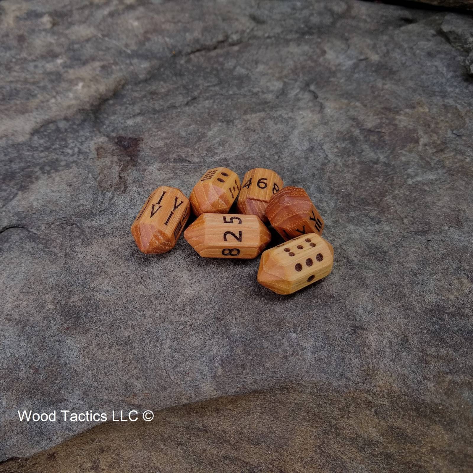 Hickory Hardwood Barrell D8 Dice with Pips, Numbers and Roman Numerals Symbols. 