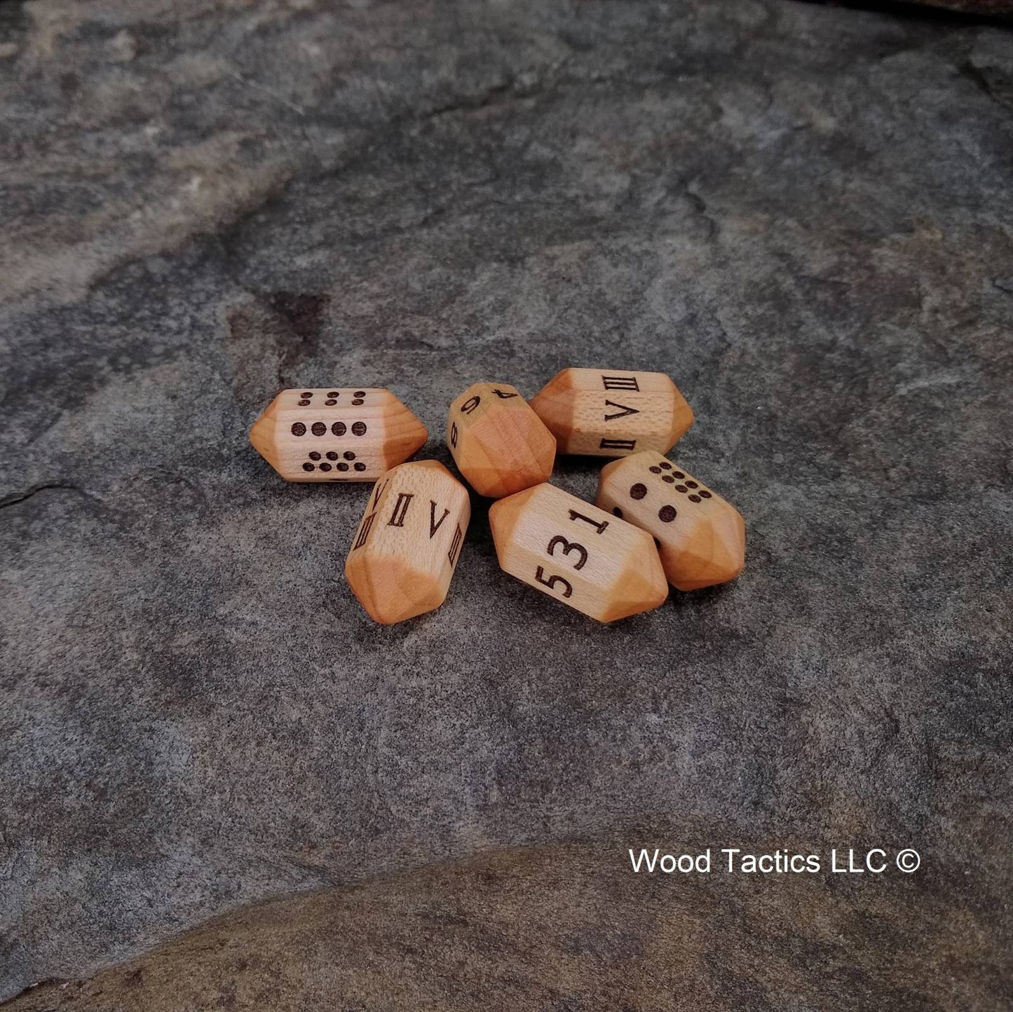 Maple Hardwood Barrell D8 Dice with Pips, Numbers and Roman Numerals Symbols. 