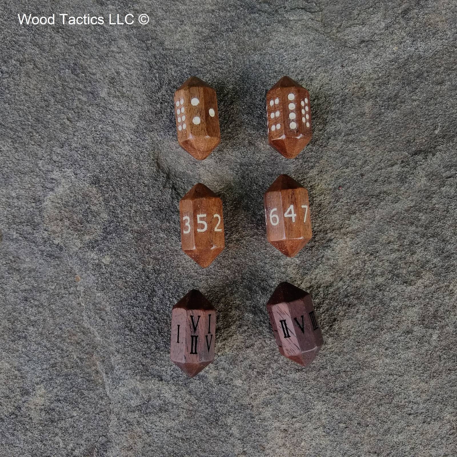 Walnut Hardwood Barrell D8 Dice with Pips, Numbers and Roman Numerals Symbols. 