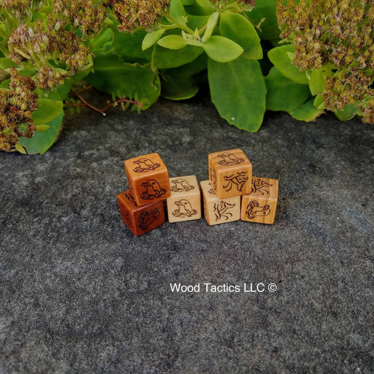 Multiple Hardwood D6 Coin Flip Dice with A Dolphin head above the water and a dolphin tail above the water on the opposite sides.