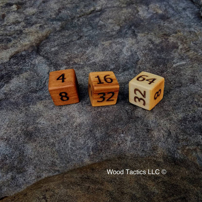 Multiple Hardwood D6 Doubling Dice with numbers 2,4,8,16,32,64 for backgammon.