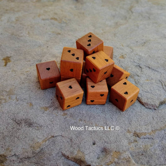 Cherry Hardwood D6 dice with heart shaped pips.