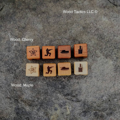 Cherry and Maple Hardwood Memoir 44 game dice, with original game symbols replaced with USSR faction specific symbols