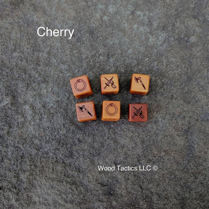 Cherry Hardwood Mouse Guard Roleplaying game dice with Axe, Ouroboros, and Crossed Dagger Symbols