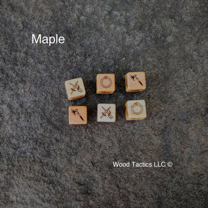 Maple Hardwood Mouse Guard Roleplaying game dice with Axe, Ouroboros, and Crossed Dagger Symbols