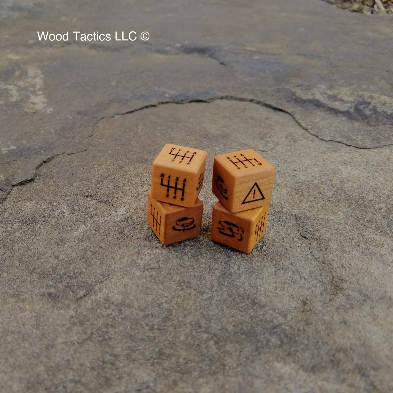 Skid dice made from Cherry hardwoods with Shifter, Warning, Car Slid, Care Spin Symbols