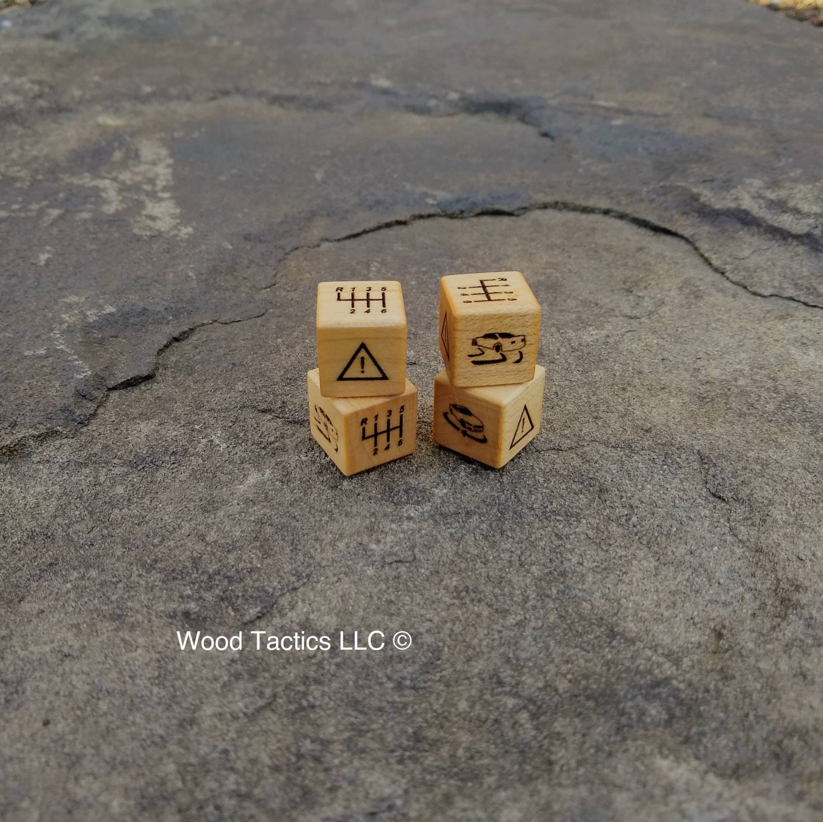 Skid dice made from Maple hardwoods with Shifter, Warning, Car Slid, Care Spin Symbols