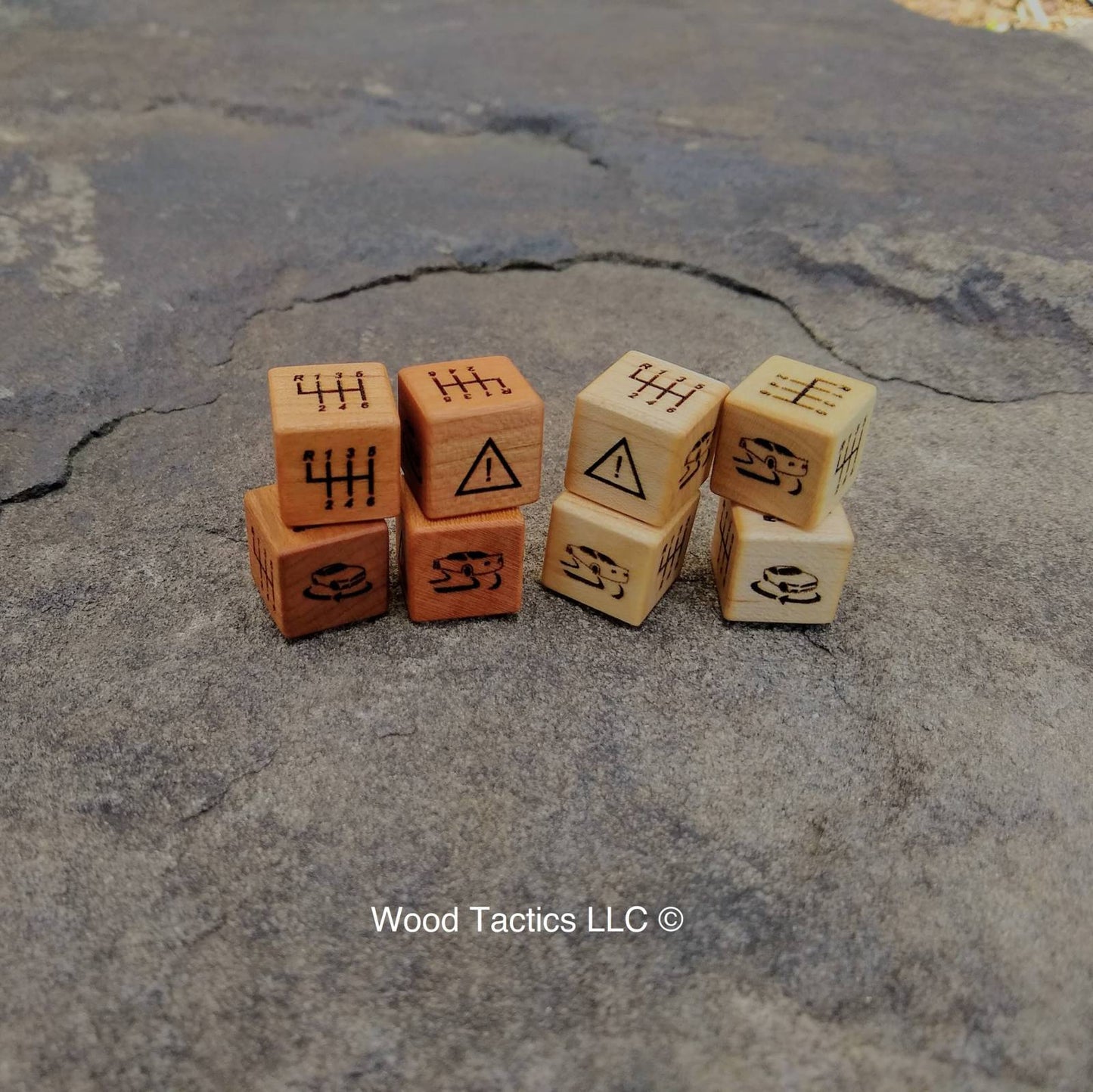 Skid dice made from various hardwoods with Shifter, Warning, Car Slid, Care Spin Symbols