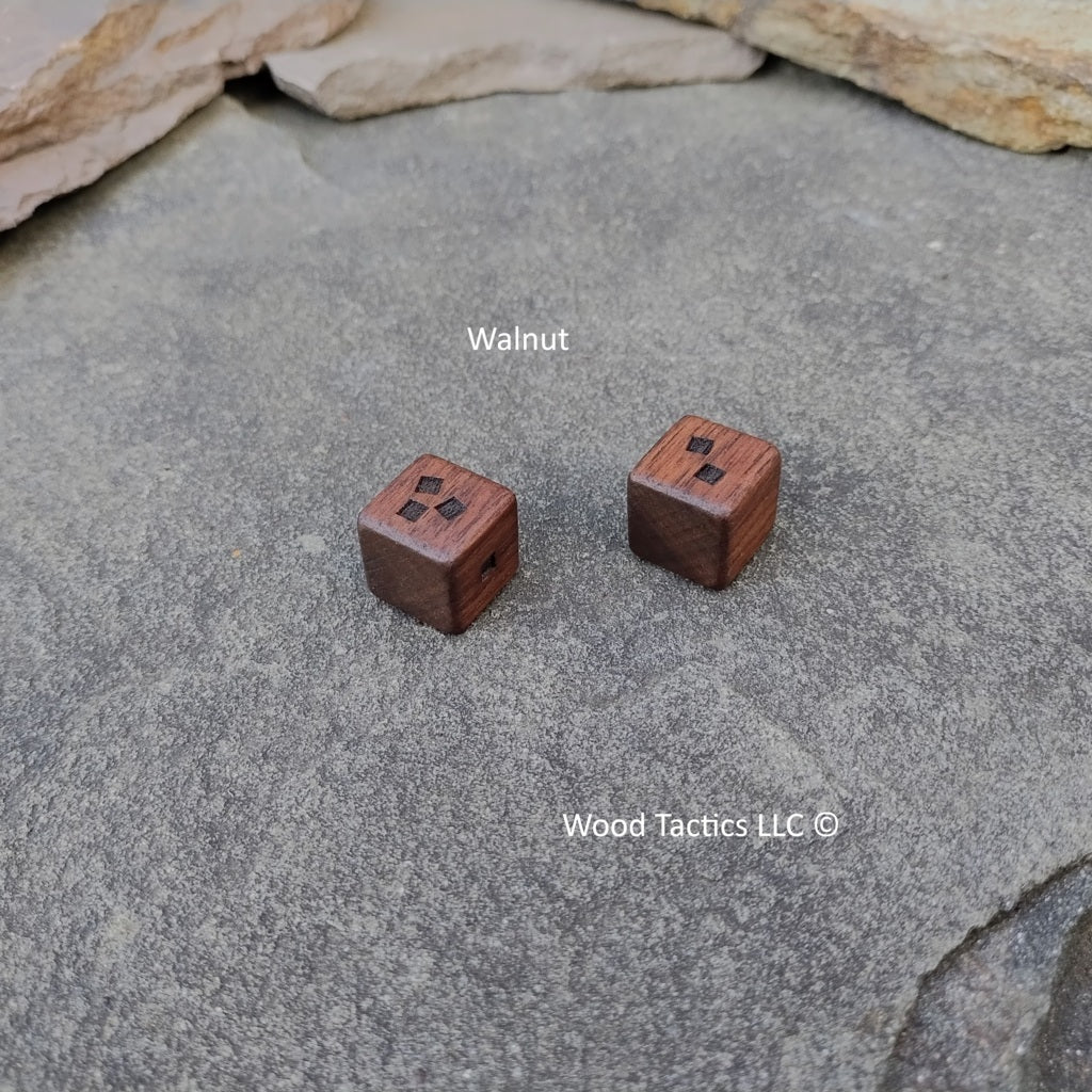 Small World Board Game dice made from Walnut hardwoods with blank, single square, double square and triple square sides.