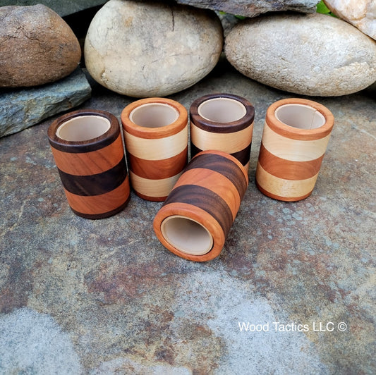 Elegant small multi hardwood dice or pencil cup with foam lining, striped design. 