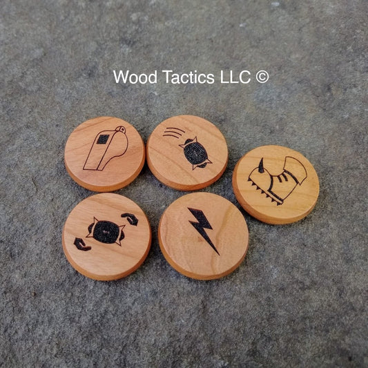 Blood Bowl Action Tokens made from Maple Hardwood. Featuring Spiked Boot, Lightning Bolt, Whistle, Pass and Hand Off designs.