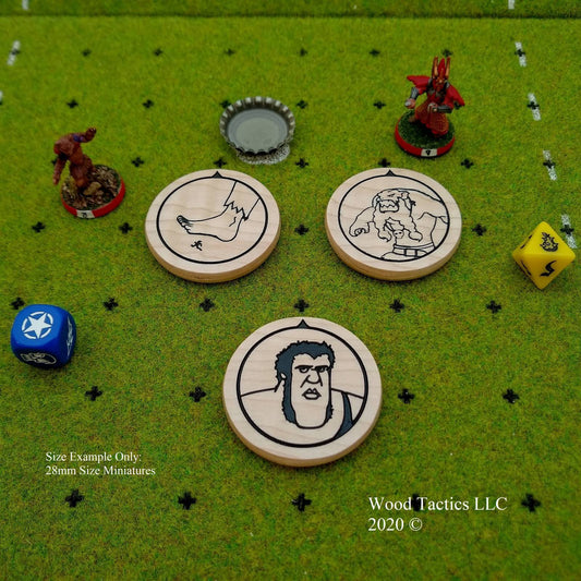 Blood Bowl Giant Miniature Tokens made from Maple Hardwood. Featuring Foot Stepping, Andre the Giant and Norse Giant with directional arrows.