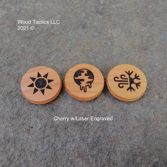 Blood Bowl Weather Tokens made from Cherry Hardwood. Featuring Bright Sun, Blizzard and Sweltering Heat designs