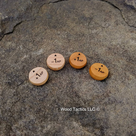 Maple and Cherry Hardwood Action Point Tokens for Kill Team Board Game. Round plus one and minus one AP with arrow.