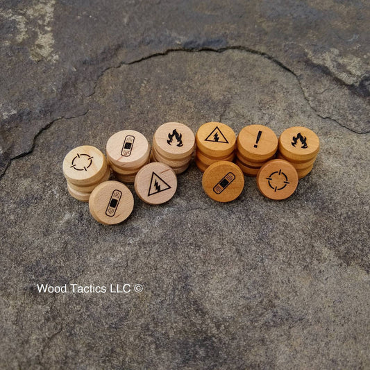 Maple and Cherry Hardwood Status Tokens for Kill Team Board Game. Target, Band aid (wound), Fire, Electrical, and Crit Designs.