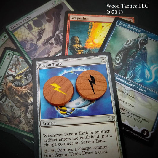 Cherry Hardwood Energy Tokens for Magic the Gathering TCG. Featuring a Lightning bolt on both sides.