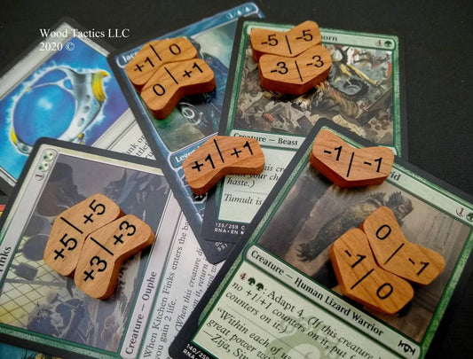 Magic The Gathering TCG Plus and Minus reversible Tokens made from Cherry Hardwood. Stack together in an up or down pattern.