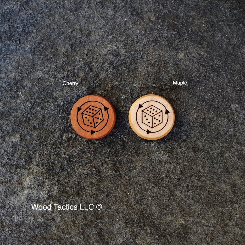 D6 Reroll Tokens made from Maple and Cherry Hardwood. Featuring a D6 with arrows, use for Blood Bowl or DnD.