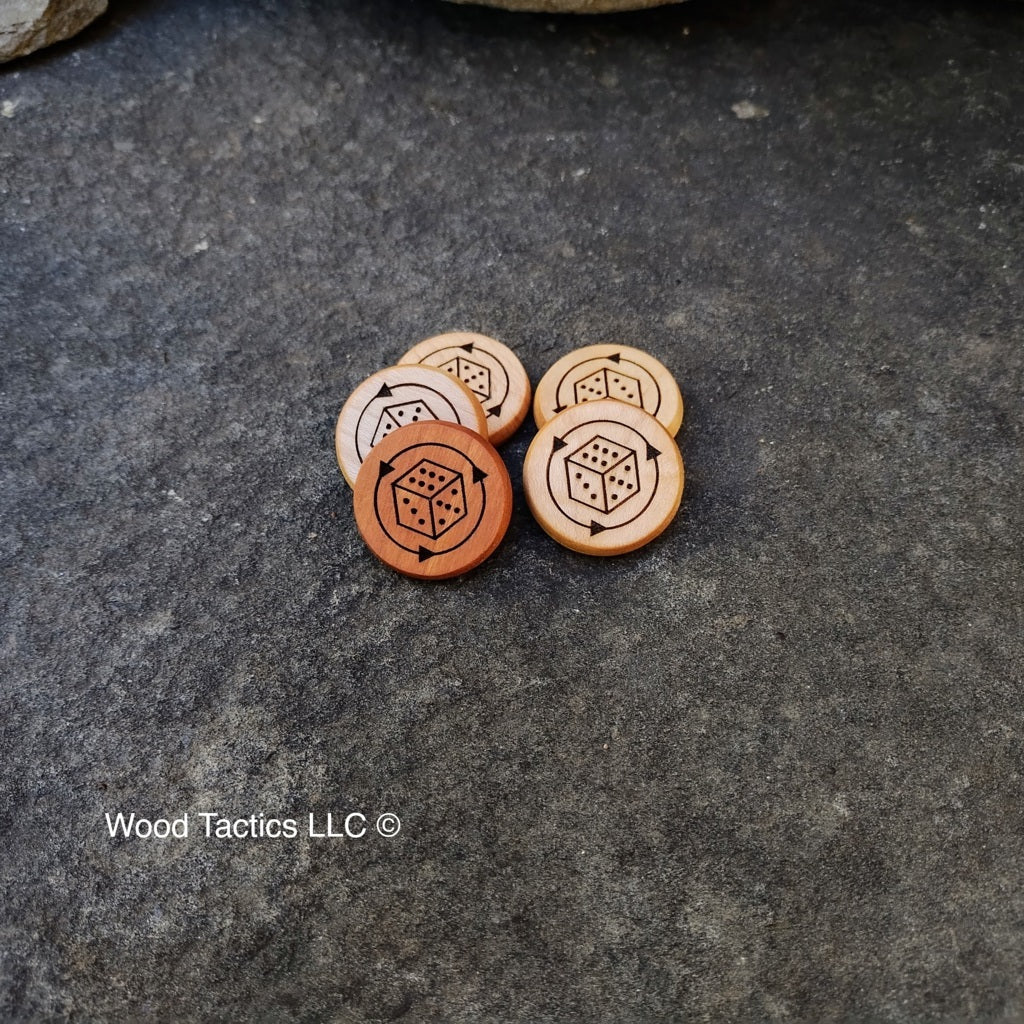 D6 Reroll Tokens made from Maple and Cherry Hardwood. Featuring a D6 with arrows, use for Blood Bowl or DnD.