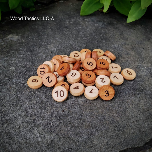 Numbered board game Tokens Made from Sugar Maple and Cherry Hardwood