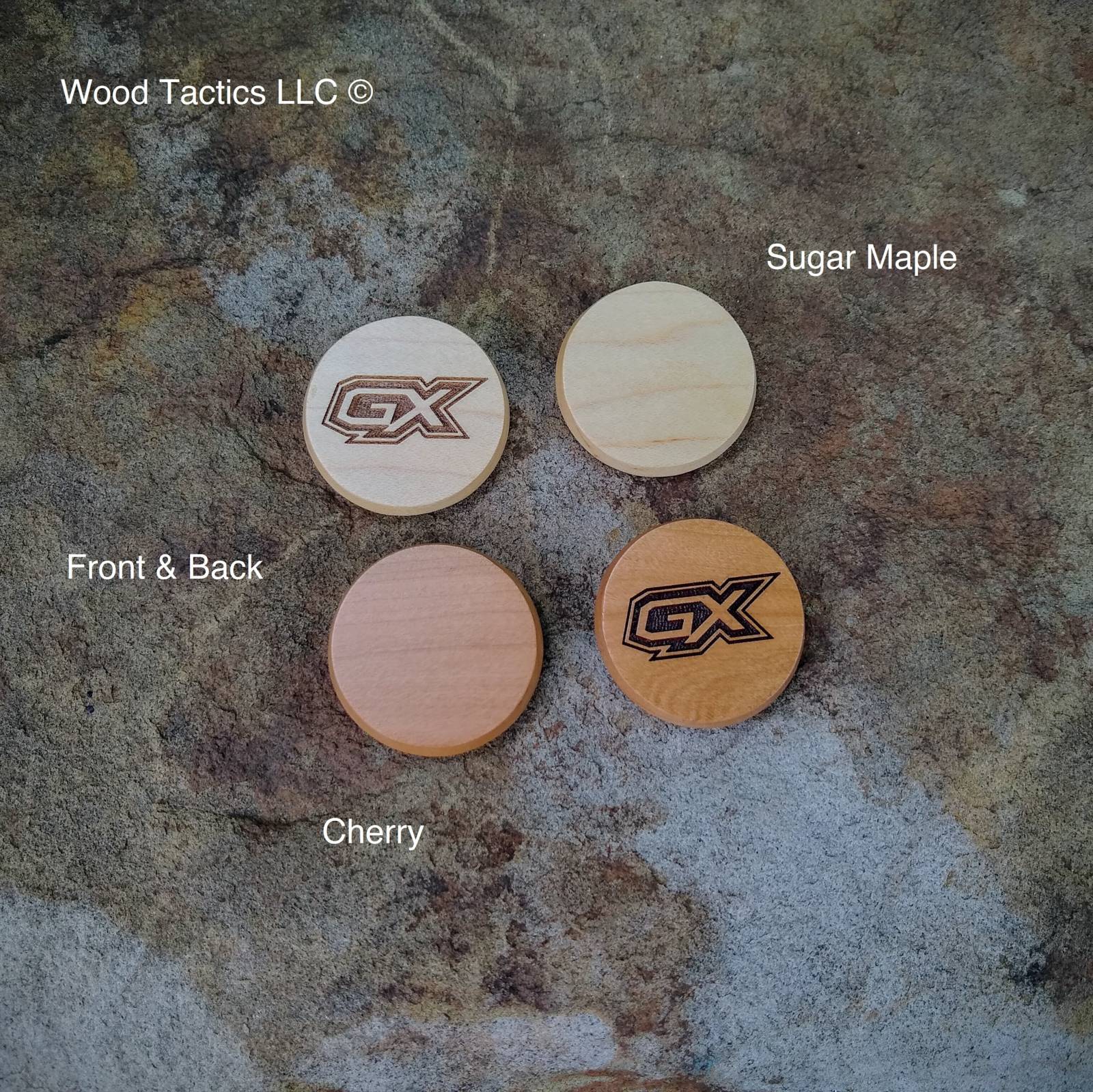 Pokémon TCG GX ability Tokens, made from Maple and Cherry Hardwood. One sided to show used and ready.