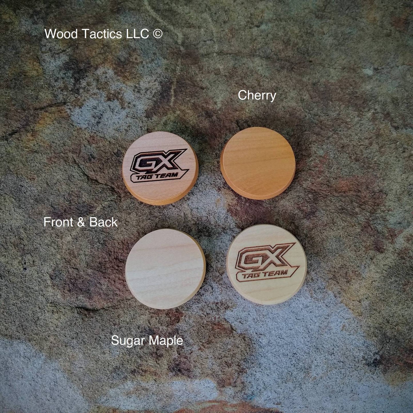 Pokémon TCG GX Tag Team ability Tokens, made from Maple and Cherry Hardwood. One sided to show used and ready.