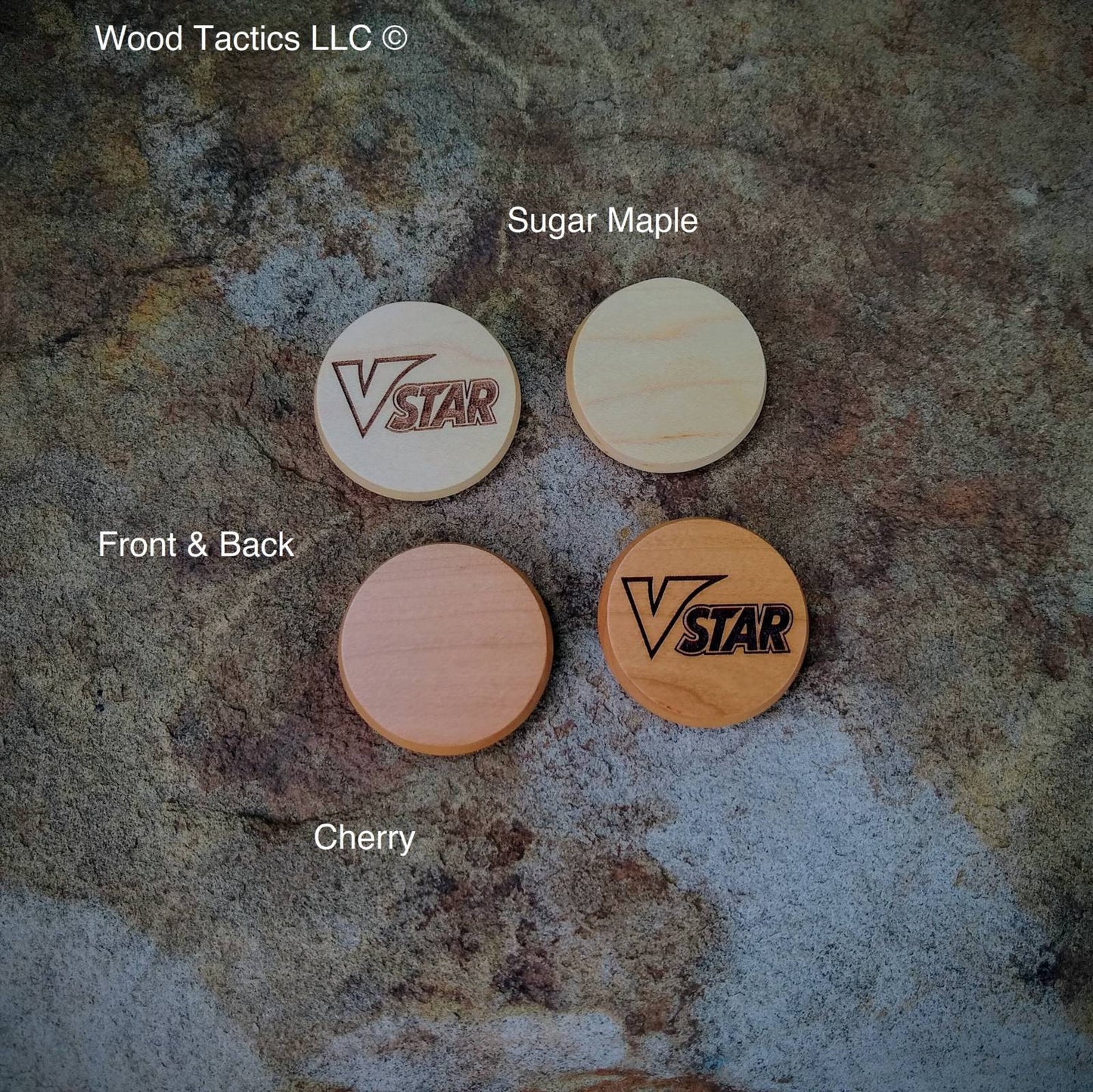 Pokémon TCG VStar ability Tokens, made from Maple and Cherry Hardwood. One sided to show used and ready.